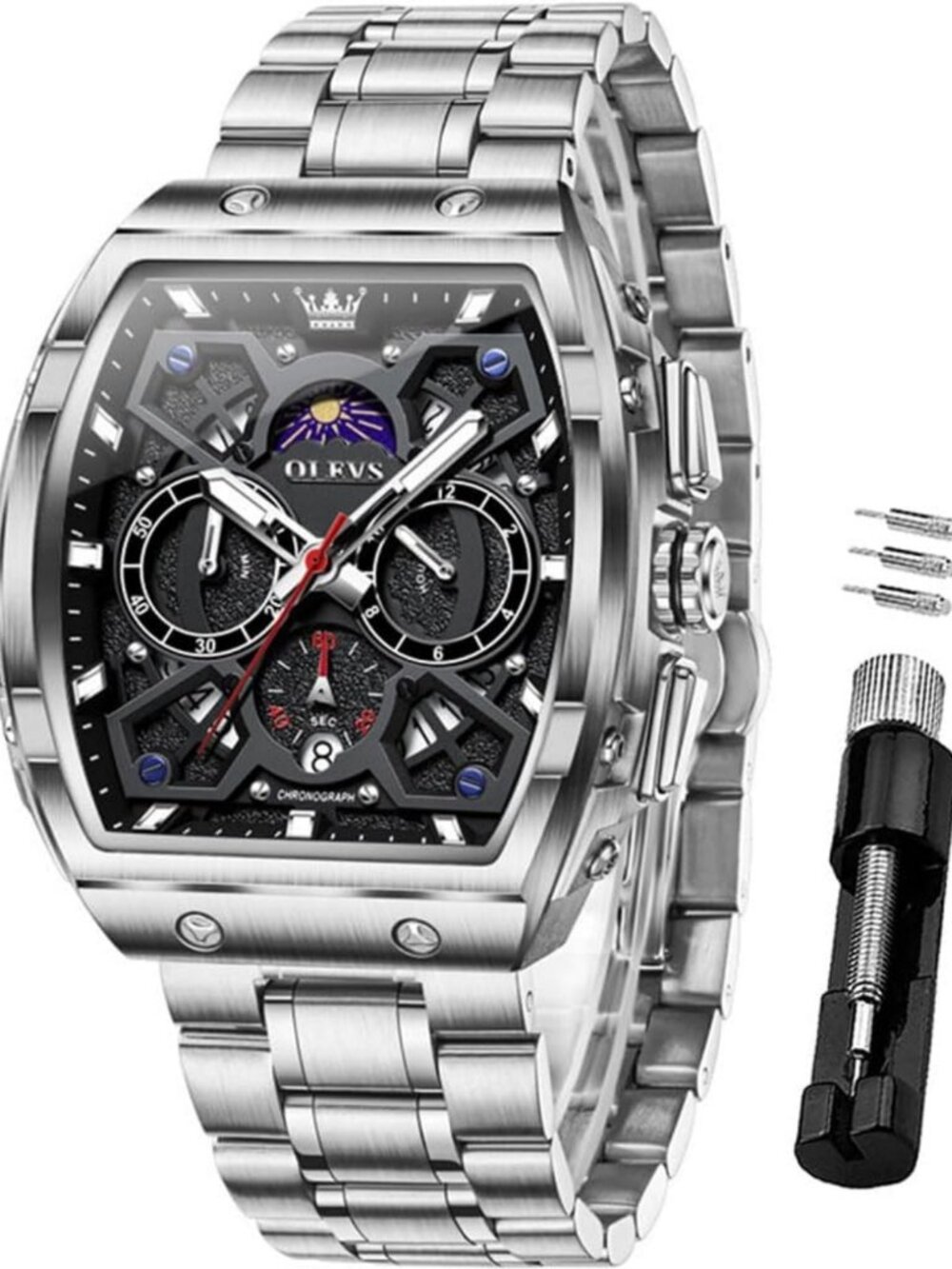 Stylish Men's Big Square Face Chronograph Watch - Stainless Steel Dress
